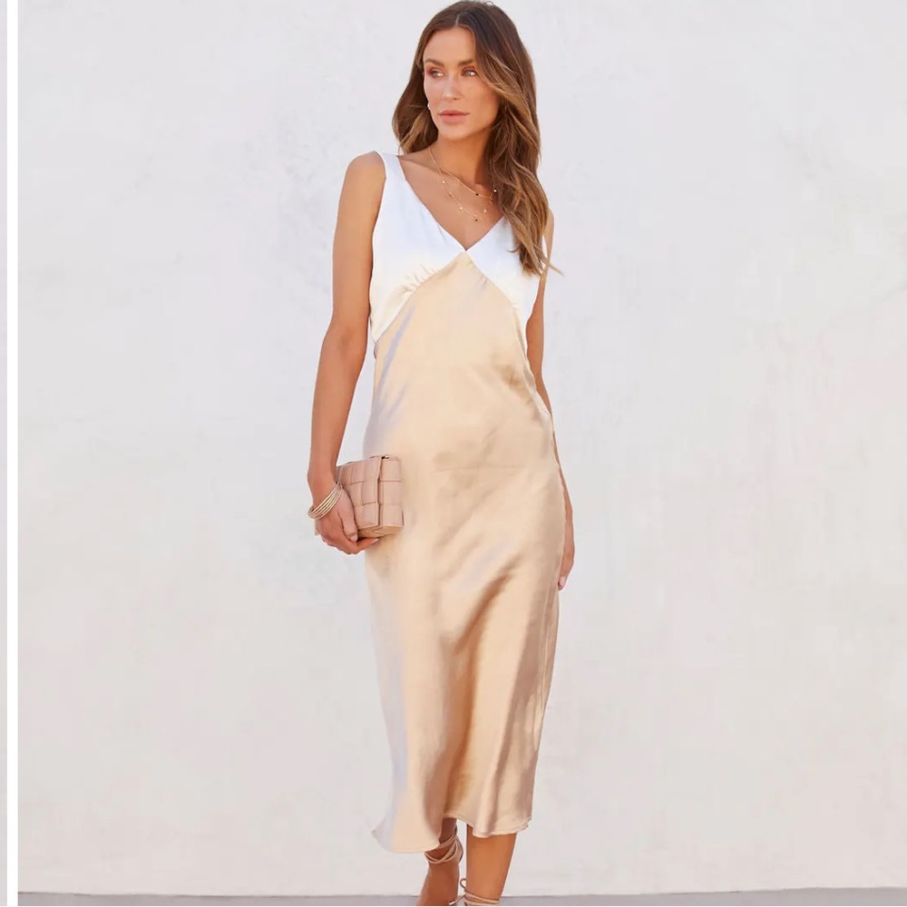 NOTEBOOK ROMANCE SATIN COLORBLOCK MIDI DRESS - CHAMPAGNE